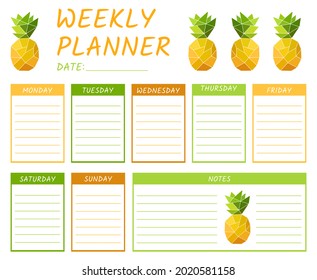 Cute Calendar Weekly Planner Template with vector pineapple Illustration