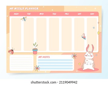 Cute Calendar Weekly Planner Template for spring. Beautiful Diary with Vector Baby Bunny Character. Spring Season Holidays Backgrounds. Organizer and Schedule with place for Notes.
