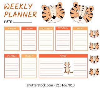 Cute Calendar Weekly Planner Template with tigers