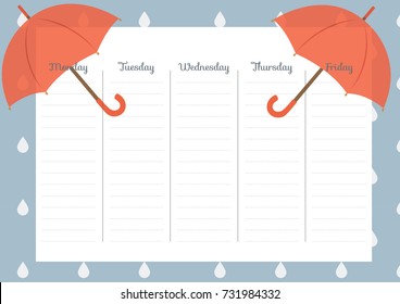 Cute Calendar Weekly Planner Template. Autumn Theme Illustration. Organizer and Schedule.