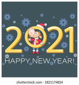 Cute calf. 2021. Bull symbol of New Year. Happy New Year. Little calf dressed as Santa Claus. Vector banner, poster, postcard. Zodiac sign  Chinese calendar.