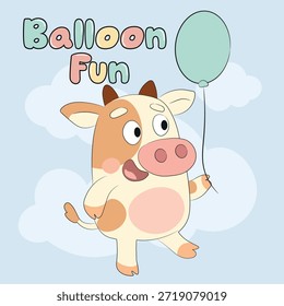 Ein süßes Kalb, das einen Minzballon hält und in den Wolken lächelt. Weiche Pastellfarben und eine verspielte Schriftart. Perfekt für Kinderzimmer Dekor, Aufkleber, Baby-Dusche Einladungen, und Karten. Set.