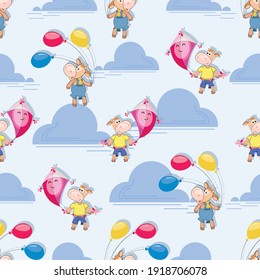 Cute calf. Pink kite, multicolored balloons. Little bull holding flying kite and air balloons. 