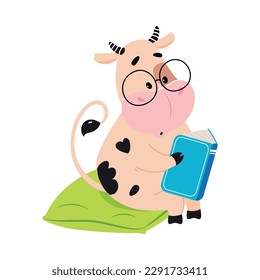 Cute calf reading book. Funny smart farm animal character in glasses sitting with book cartoon vector illustration