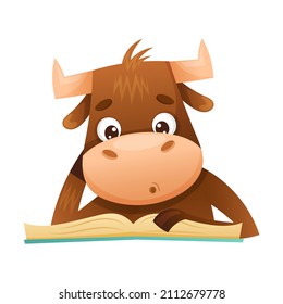 Cute calf reading book. Smart baby animal sitting and studying with book cartoon vector illustration