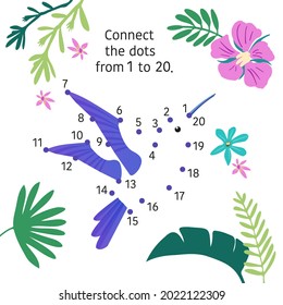 Cute Calibri in rainforest. Dot to dot. Connect dots from 1 to 20. Game for children. Vector illustration.