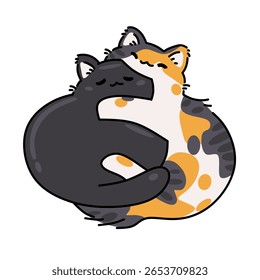 Calico bonito e gatos pretos Abraçando em Yin Yang Pose ilustração desenho animado gato 