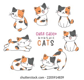 cute calico bobtail kitten cat cartoon doodle funny animal hand drawing vector