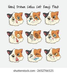 Cute calico cat emoji set with 9 kawaii expressions. Flat colorful vector illustration for stickers, icons, pet designs, and children’s clipart