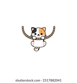 Cute calico cat hanging on rope cartoon, vector illustration