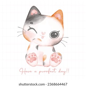 cute calico cat licking paw in cartoon watercolor illustration. Perfect for children's nursery decor and pet-themed projects. Bring a touch of happiness with this playful kitty art.