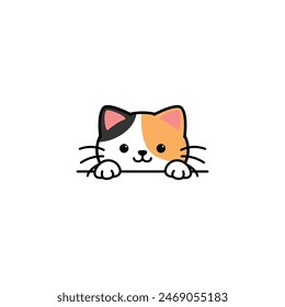 Cute calico cat peeking cartoon, vector illustration