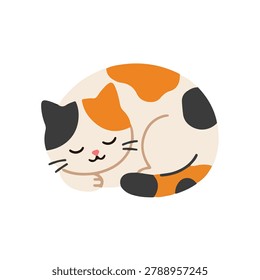 Cute calico cat sleeping curled up vector illustration. Flat three color tricolor kitten napping cartoon character icon isolated on white background