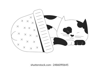 Cute calico cat sleeping in hat black and white 2D line cartoon character. Tired kitten finding shelter in warm clothesisolated vector outline personage. Pet care monochromatic flat spot illustration