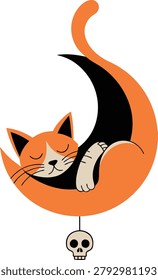 Cute Calico Cat Sleeping on a Crescent Moon with a Hanging Skull Charm Vector Illustration