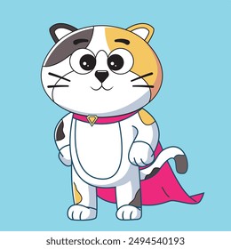 cute calico cat standing wearing red cape superhero pose. vector illustration cartoon animal flat isolation