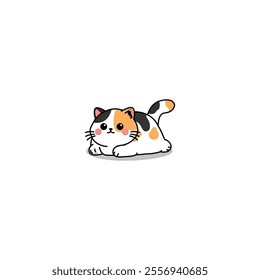 Cute calico cat three color lying down cartoon, vector illustration