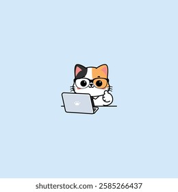 Cute calico cat with tie and glasses working on a laptop and thumbs up cartoon, vector illustration