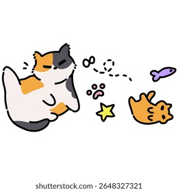 Cute calico cat with toys cartoon illustration art 