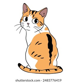 Cute Calico Cat Vector Illustration, Cartoon Cat sitting down, looking over its shoulder