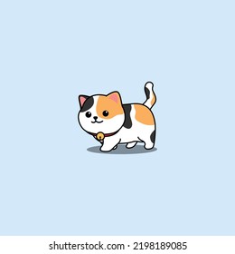 Cute calico cat walking cartoon, vector illustration