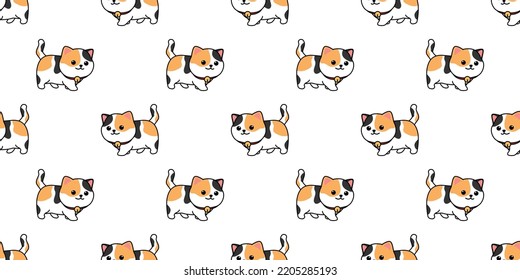 Cute calico cat walking cartoon seamless pattern, vector illustration