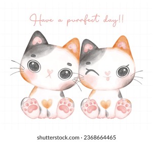 cute calico cats lover in cartoon watercolor illustration. Perfect for children's nursery decor and pet-themed projects. Bring a touch of happiness with this playful kitty art.