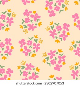 Cute calico flowers with leaves seamless repeat pattern. Random placed, vector botanical elements all over surface print on yellowish background.