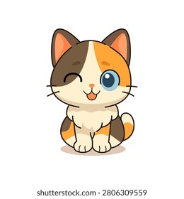 Cute calico kitten character vector template featuring a little cat illustration winking and sticking its tongue out isolated on white background.