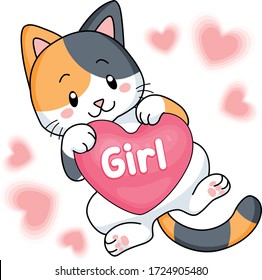 Cute calico kitten holding a pink heart