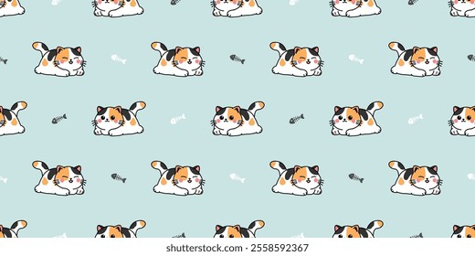 Cute calico munchkin cat with fishbone cartoon seamless pattern, vector illustration