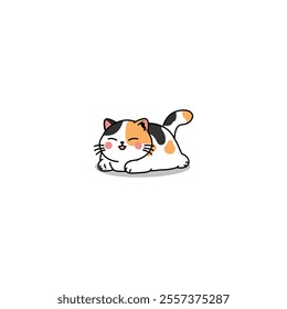Cute calico munchkin cat lying down cartoon, vector illustration
