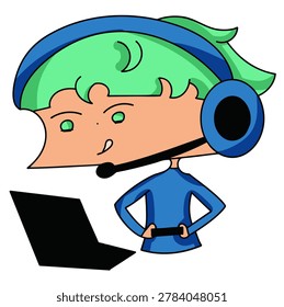 Cute call center operator character vector working with headset and laptop.