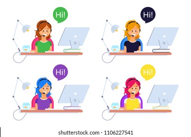 Cute call center support girls kit illustration