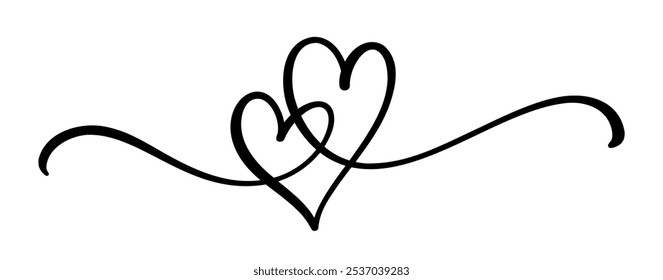 Cute calligraphic composition of duo intertwined hearts from one continuous line. Heart calligraphy design element.