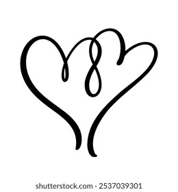 Cute calligraphic composition of duo intertwined hearts from one continuous line. Vector calligraphy element.