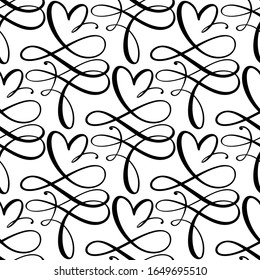 Cute calligrafía corazones sin fisuras de vectores con giro floreciente. Fondo de San Valentín. La mano dibuja diferentes elementos cardíacos y florales. Invitación a la boda.