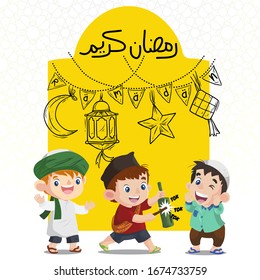 cute calligraphy of ramadan kareem and ramadan illustration flat vector