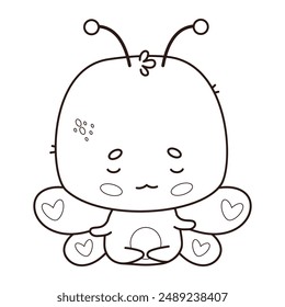 Cute calm butterfly meditating. Outline cartoon kawaii character insect yogi sitting in an asana. Line drawing, coloring book. Vector illustration. Kids collection