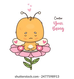 Cute calm butterfly meditating sitting in an asana on flower. Funny cartoon kawaii character animal. Vector illustration. Cool card with insect yogi 