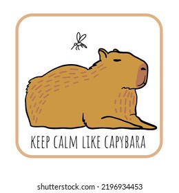 Cute calm capybara with flying mosquito hand drawing vector