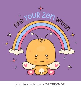 Cute calm cartoon butterfly meditating under rainbow. Funny kawaii character animal. Vector illustration. Cool card with insect yogi sitting in an asana