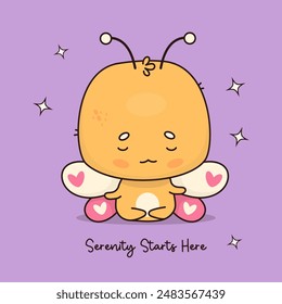 Cute calm cartoon butterfly meditating. Funny kawaii character insect yogi sitting in an asana. Vector illustration. Cool card.