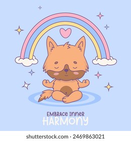 Cute calm cartoon dog meditating under rainbow. Funny kawaii character animal. Vector illustration. Cool card with pet yogi sitting in an asana 