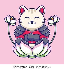 Cute and Calm Cat Samurai that is Meditating on Lotus Flower