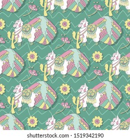 Cute calm llama alpaca pattern with succulents on green background, vector