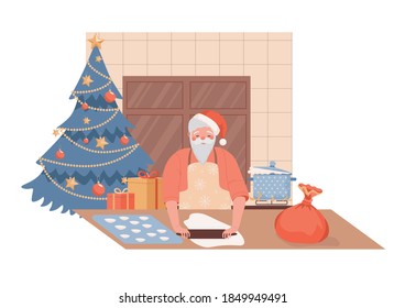 Cute and calm Santa Claus character cooking Christmas dishes vector flat illustration. Decorated kitchen with Christmas tree and gift boxes. Happy New Year and Merry Christmas greeting card design.