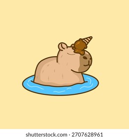 Uma ilustração vetorial calma e fofa de uma capivara equilibrando pacificamente um sorvete derretendo em sua cabeça enquanto relaxa em água morna.