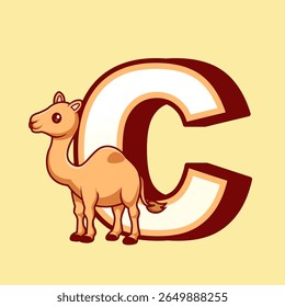 Cute Camel In C Alphabet Cartoon Vector Icon Illustration. Animal Education Icon Concept Isolated Premium Vector. Flat Cartoon Style