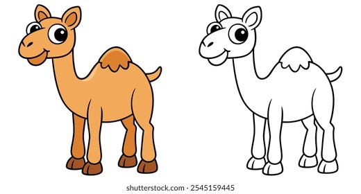 Cute Camel Desenho Animado Para Crianças. Livro de colorir camelo imprimível. Ilustração De Vetor De Camelo Com Contorno Preto. Animais fáceis de colorir